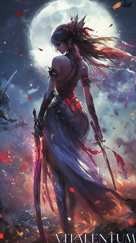 Moonlit dual-blade warrior in ember-strewn battlefield silhouette