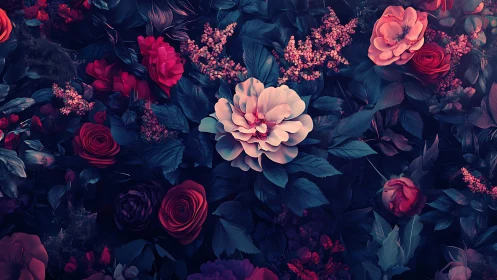 Moody digital floral garden with luminous central bloom.