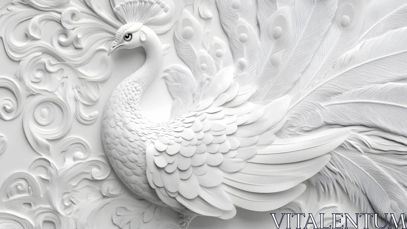 Elegant white peacock in intricate 3D relief art style wall decor.