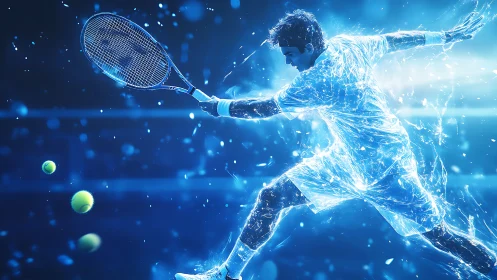 Dynamic blue energy tennis player in mid air action shot.
