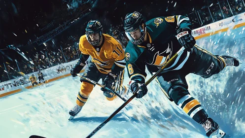 Dynamic digital painting of ice hockey forwards in mid-sprint.