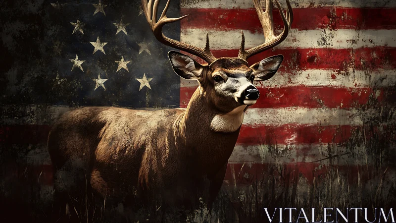 Stag with large antlers framed against worn US flag backdrop.