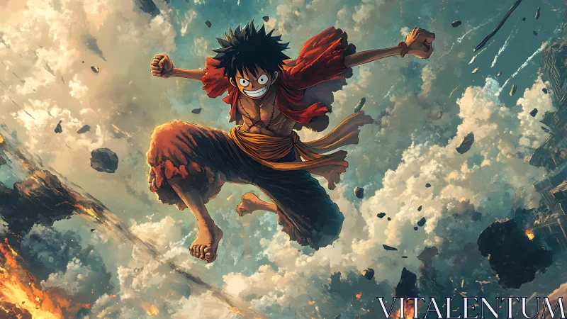 Animated figure descends through fragmented sky and debris