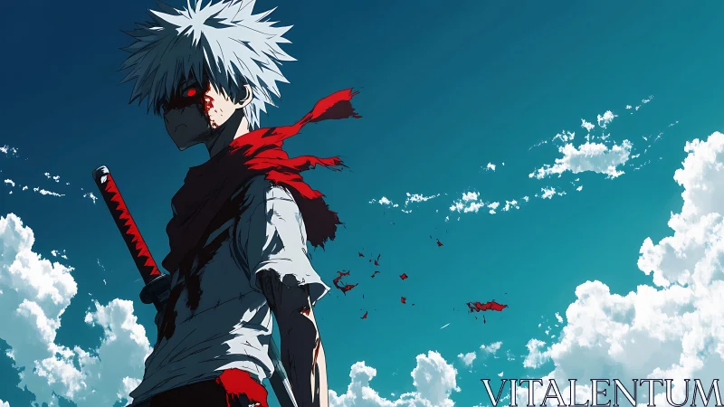 White haired swordsman with red scarf under bright sky.