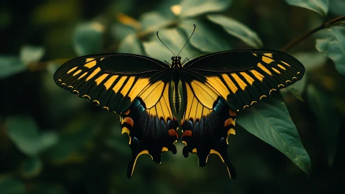 Golden garden butterfly resting in deep green shade.
