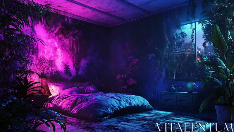 Dreamy neon jungle bedroom glowing in soft city twilight.