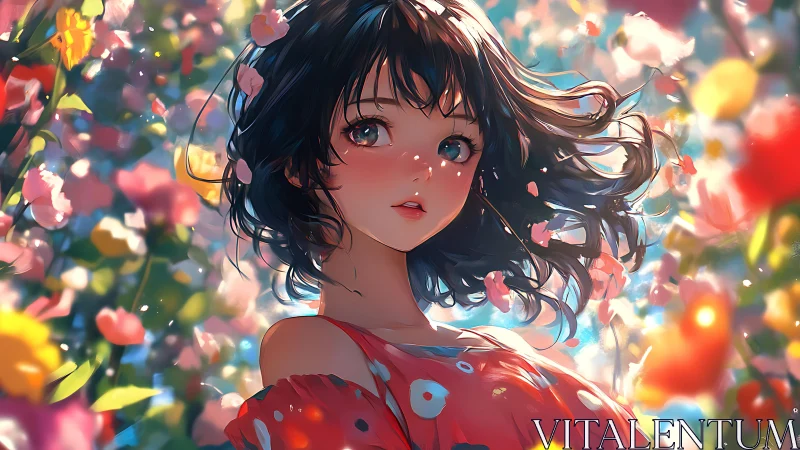 Wind-tossed daydream girl drifts through painted blossoms