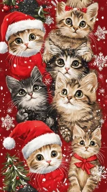 Six Festive Kittens with Santa Hats Against Crimson Holiday Background