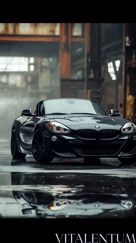 Matte black BMW roadster stands in rain-soaked industrial hangar
