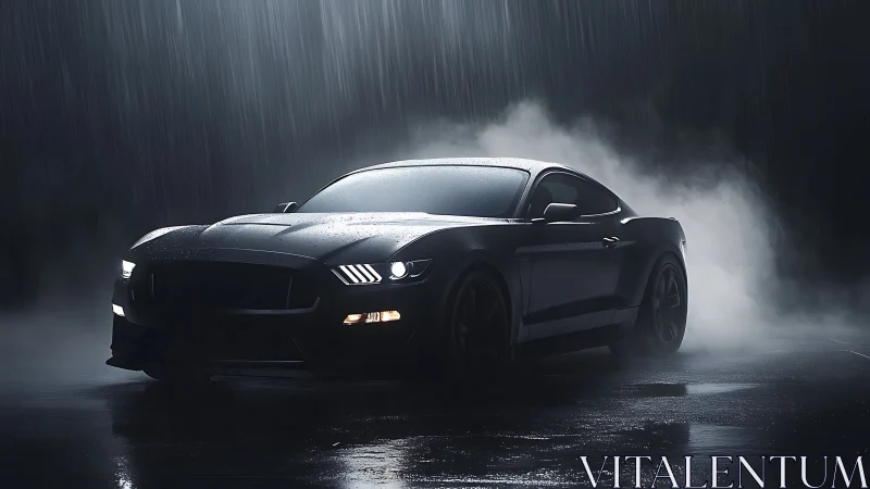 Black sports car in heavy rain on wet dark city street.