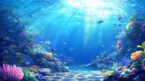 Luminous coral reef seascape with radiant tropical fish.
