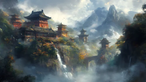 Mountain temple complex rises above mist and cascading falls