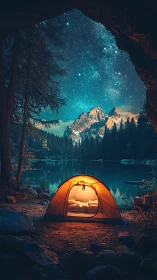 Starlit lakeside tent glows warmly beneath towering peaks