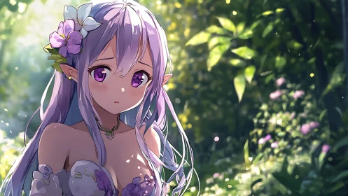 Violet-eyed forest elf bathed in dappled luminous morning.