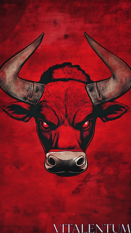 Horned bull head illustration on distressed crimson ground.