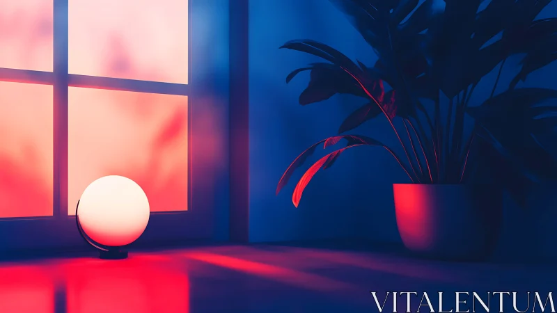 Glowing orb lamp beside potted plant in neon room.