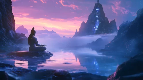 Meditative rock figure before luminescent data-tower peak.