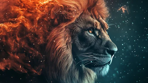 Fire crowned lion portrait in glowing embers and sparks.