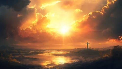 Backlit cross silhouette under volumetric sunset cloudscape glow