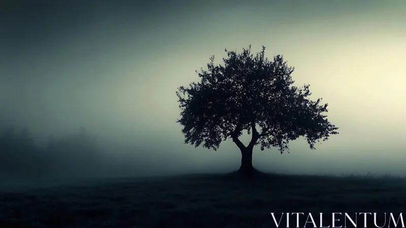 Solitary deciduous tree stands in misty low key landscape