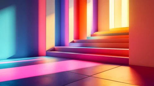 Vibrant Abstract Staircase with Colorful Light and Shadows.