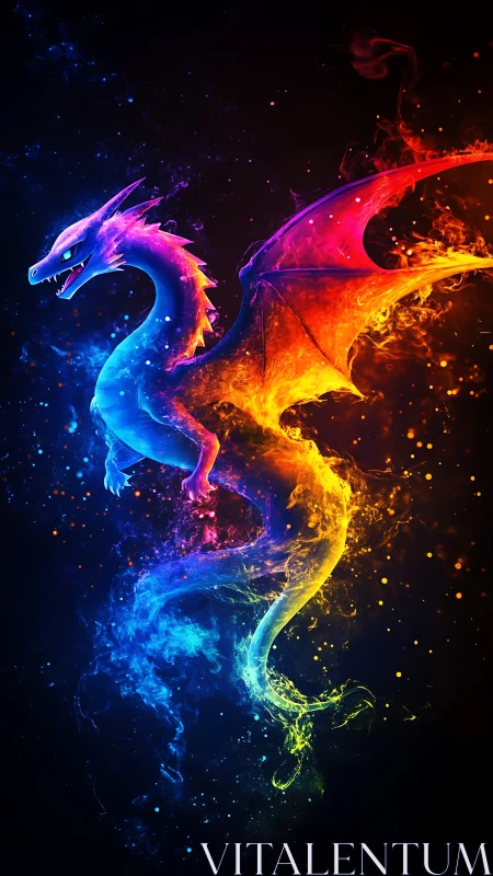 Bifurcated elemental dragon in neon chromatic digital painting.