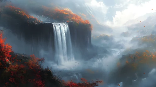 Waterfall plunges from high cliff into misty autumn valley