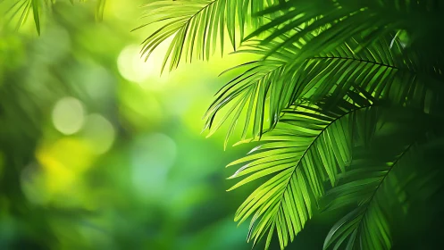 Sunlit tropical palm leaves with lush green bokeh glow.