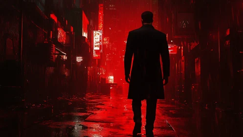 Mysterious figure walking into a neon red city night.