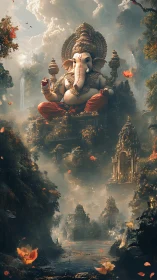 Majestic Ganesha statue floating above misty temple valley.