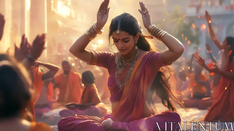 Indian woman meditating in vibrant festival setting, soft golden light.