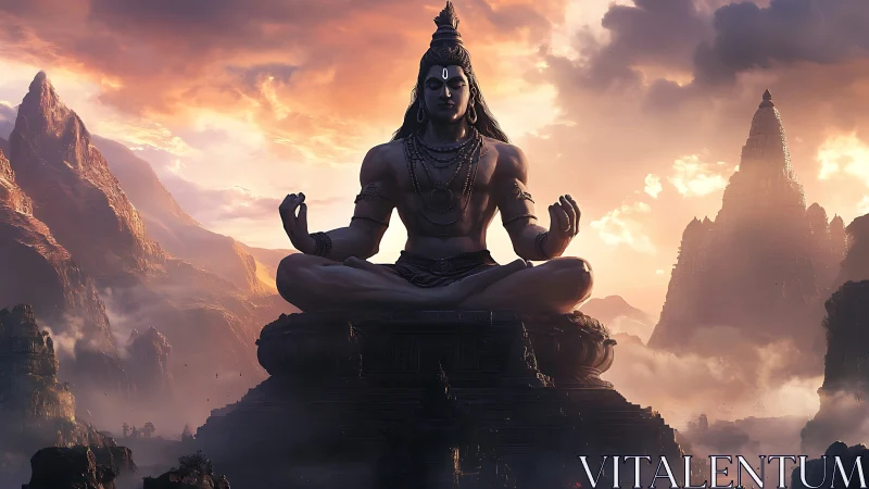 Monumental meditative deity rendered in luminous 3D dusk atmosphere.