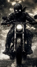 Motorcyclist riding through heavy rain on wet roadway.