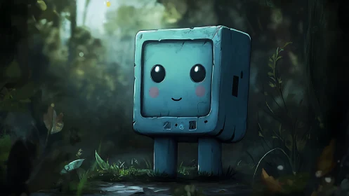 Boxy teal robot with cute face standing in forest clearing.