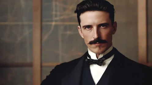 Formal portrait of stern man in classic tuxedo attire.