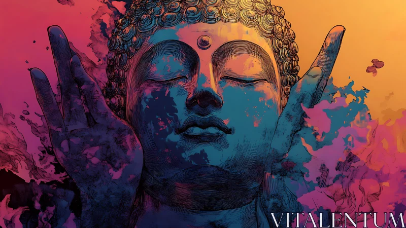 Chromatic serenity: Buddha in swirling aurora of calm.