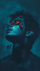 Midnight blossoms climb his gaze like burning constellations