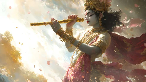 Mythic flautist in gold regalia amid luminous sky currents.