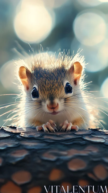 Close-up portrait of tiny rodent on tree bark outdoors.