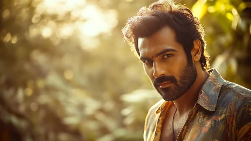 Backlit portrait of bearded man with shallow depth of field bokeh