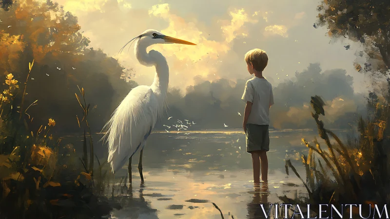 Sunlit river truce between quiet boy and watchful heron.