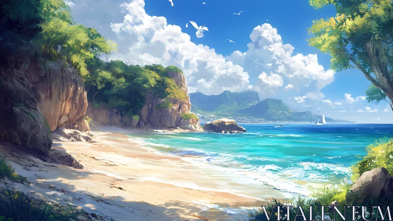 Tropical Coastal Cove with Towering Limestone Cliffs and Turquoise Waters