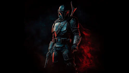 Lone armored wanderer glowing in deep red and blue light.