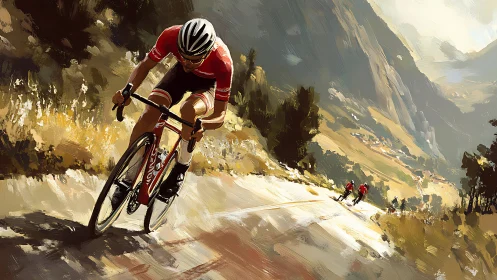 Dynamic digital painting of cyclists on sunlit alpine ascent.