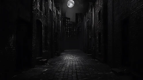 Moonlit city alley where shadows quietly tell stories.