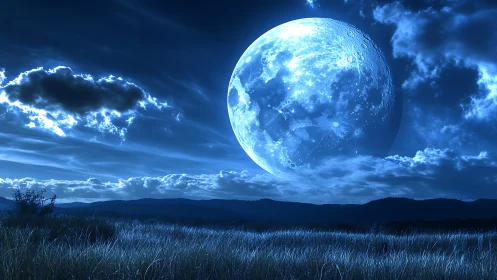 Enormous blue moon rises over a quiet twilight grassland