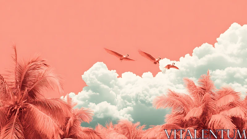 Tropical palm trees and birds under stylized coral sky.
