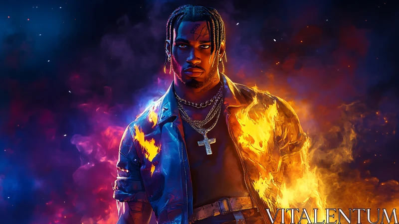 Flaming cyber-noir portrait merges human form with spectral fire