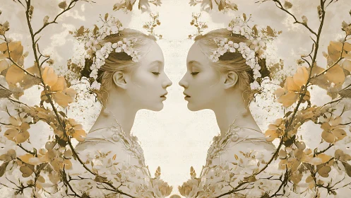 Symmetrical floral portrait diptych in muted sepia tonality.