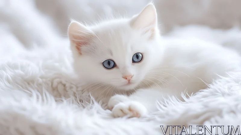 White kitten with blue eyes on fluffy blanket.
